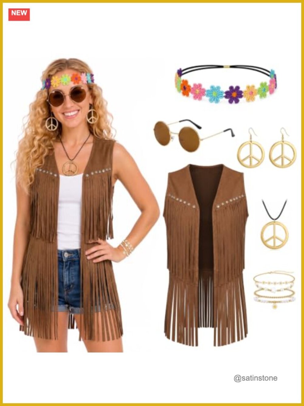 Women's 70s Hippie Costume Set Faux Suede Fringe Vest & Accessories Halloween